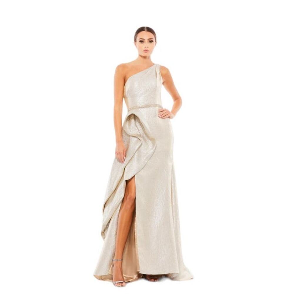 Mac Duggal Metallic Gold Asymmetric Maxi Dress